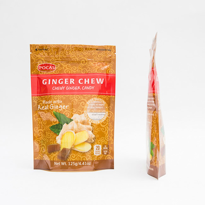 125g PE80 PET12 Candy Pouch Bag Ginger Chew With Window and Bottom Gusset