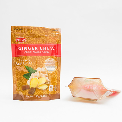 125g PE80 PET12 Candy Pouch Bag Ginger Chew With Window and Bottom Gusset