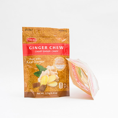 125g PE80 PET12 Candy Pouch Bag Ginger Chew With Window and Bottom Gusset