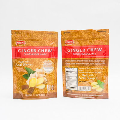 125g PE80 PET12 Candy Pouch Bag Ginger Chew With Window and Bottom Gusset