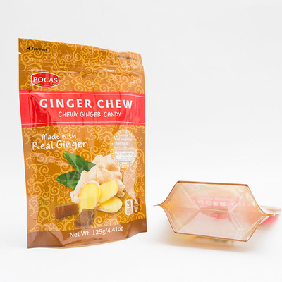125g PE80 PET12 Candy Pouch Bag Ginger Chew With Window and Bottom Gusset